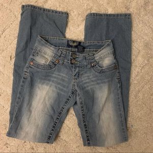 angels light wash low rise flare jeans